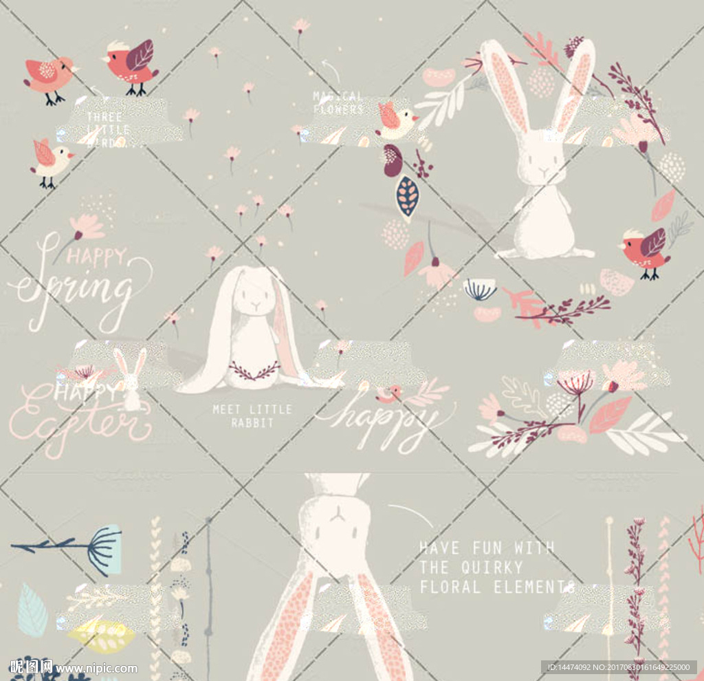 复古森系淡雅兔子小鸟花环