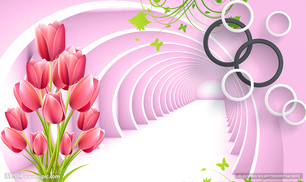 简约圈圈红色郁金香电视背景墙