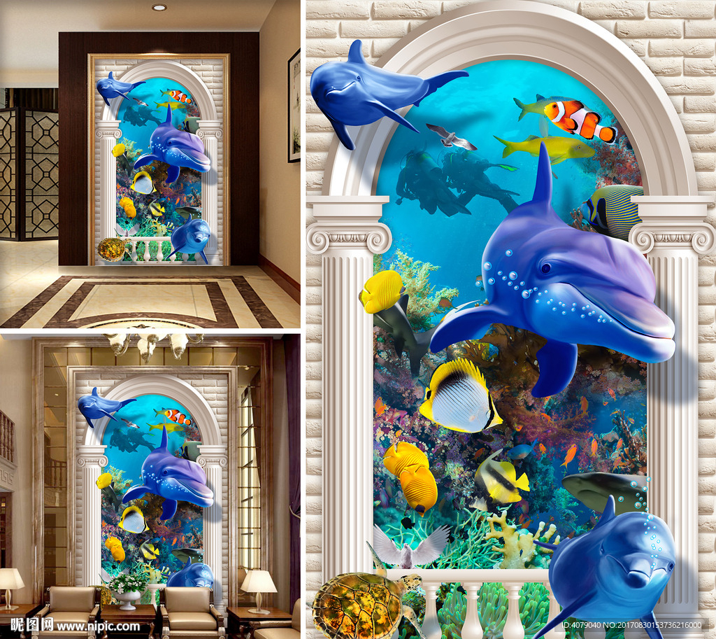 海底世界海豚3D玄关过道背景墙