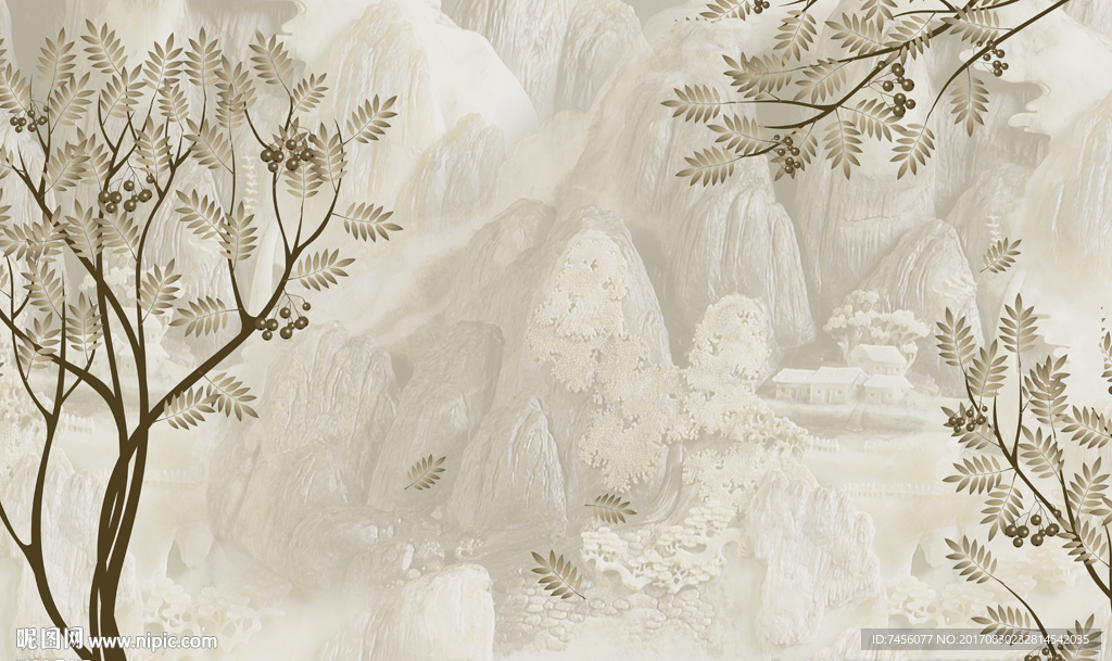 高档飘叶玉石立体背景墙