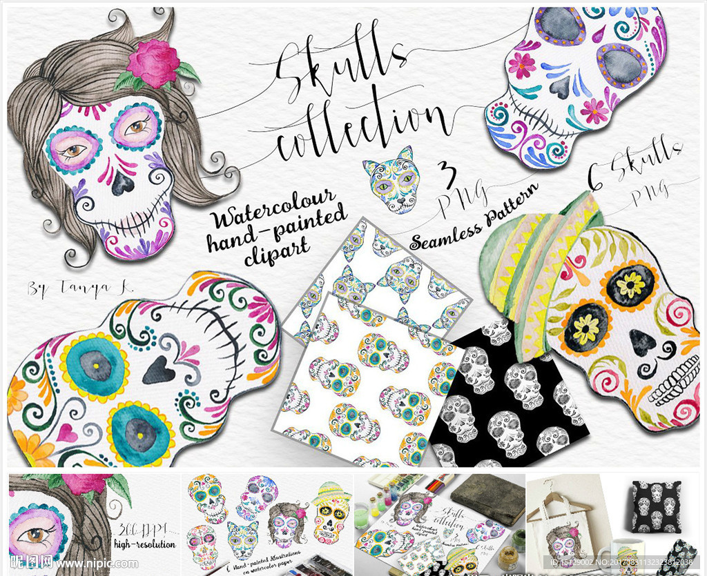 手绘彩色骷髅头水彩画