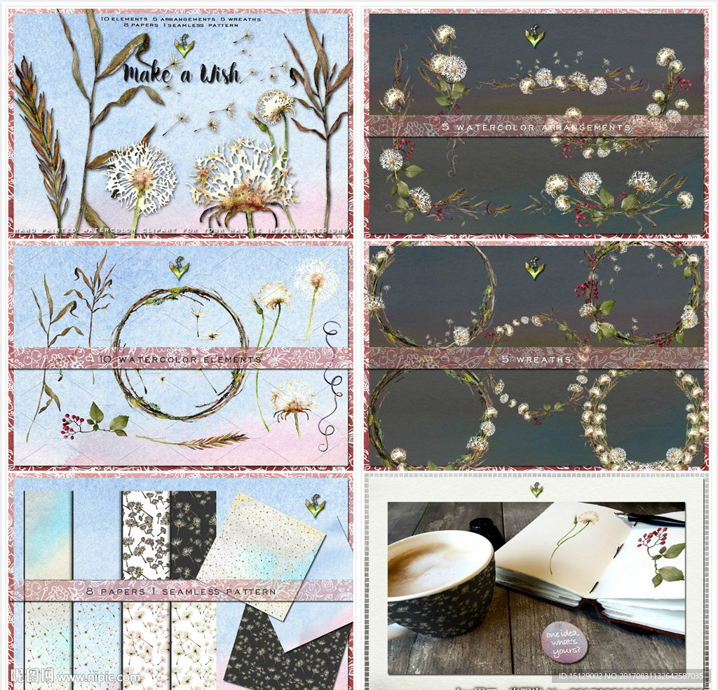 手绘蒲公英水彩画