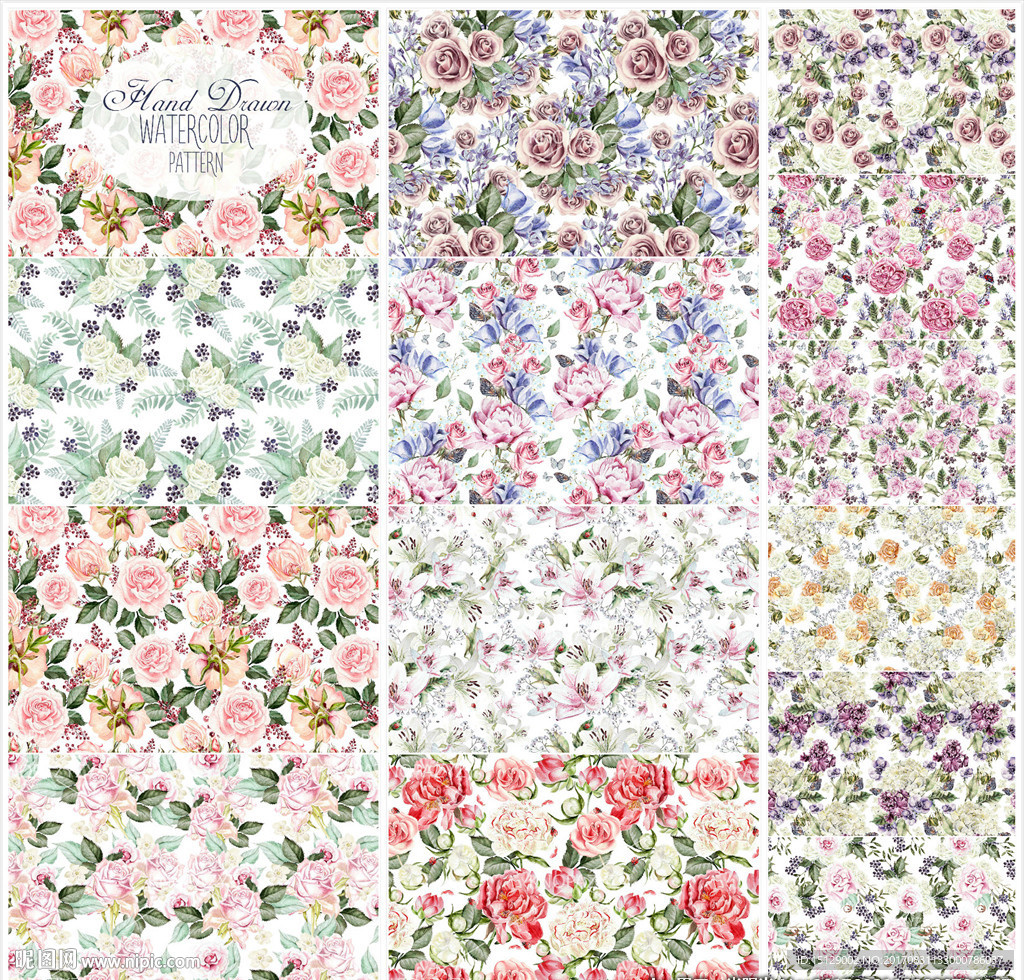 手绘玫瑰花纹背景水彩画
