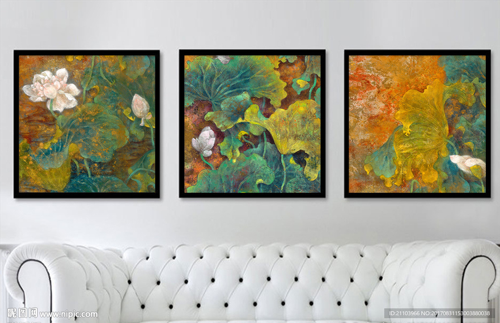 新中式水墨重彩荷花背景墙装饰画