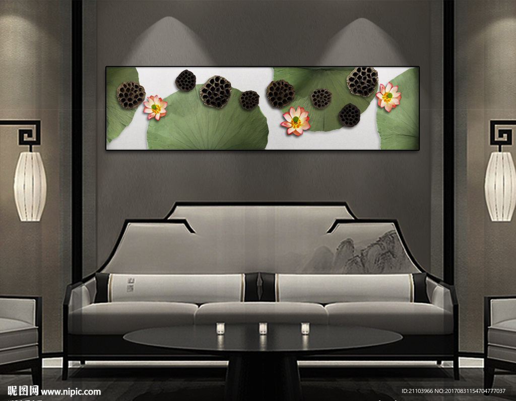 新中式立体荷花中国风床头画挂画