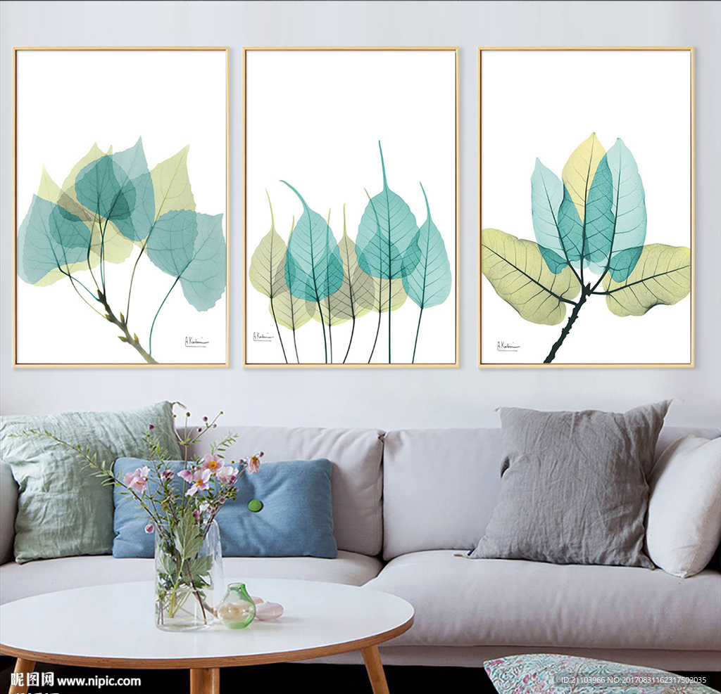 现代透明树叶精品客厅三联无框画