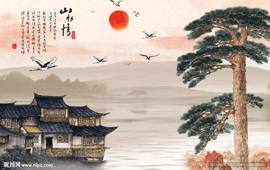 中式江南风景背景墙