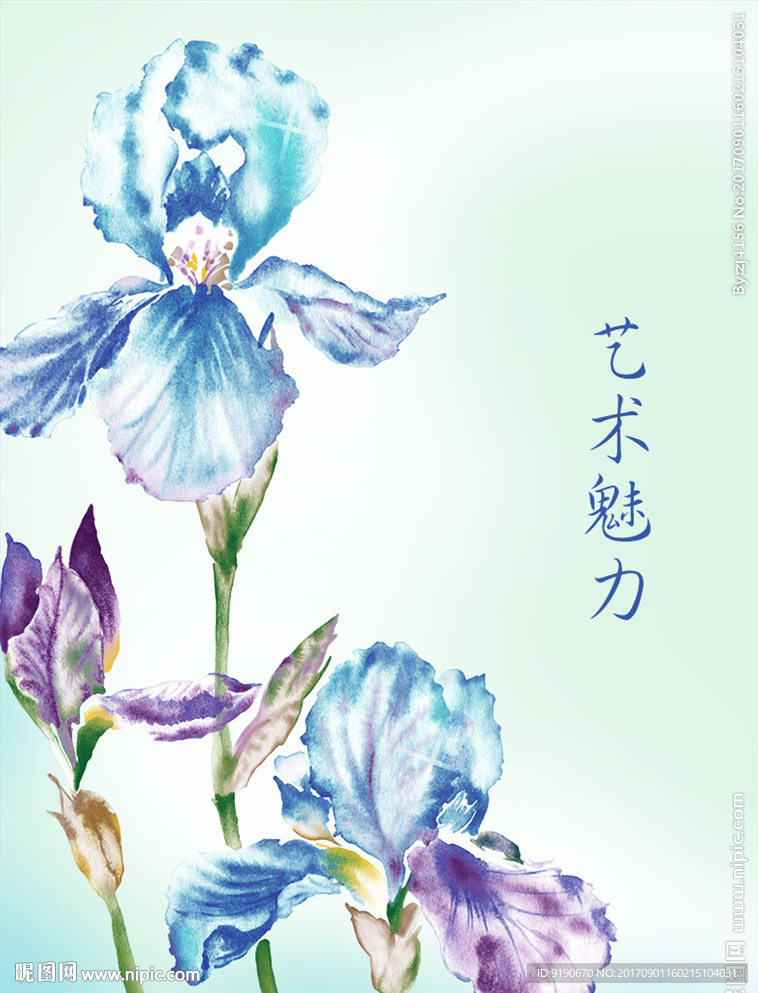 蓝色背景水彩花朵