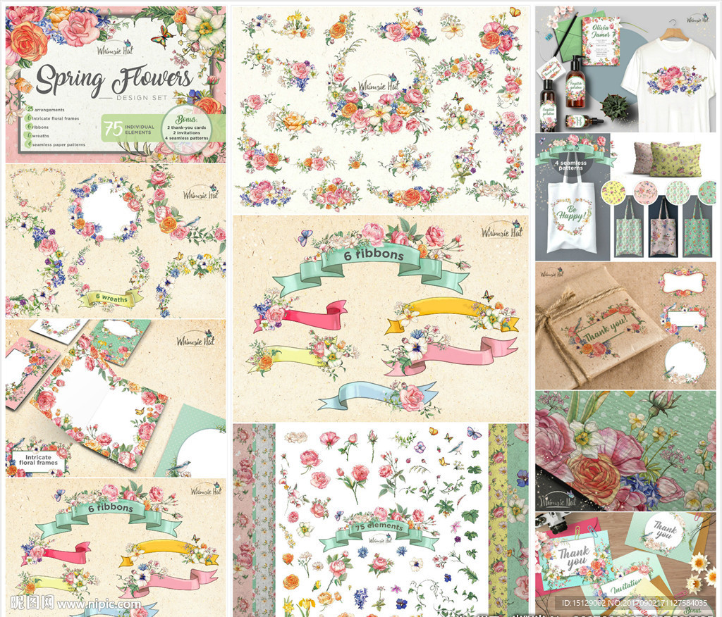 春季绚丽花朵花环鲜花水彩画