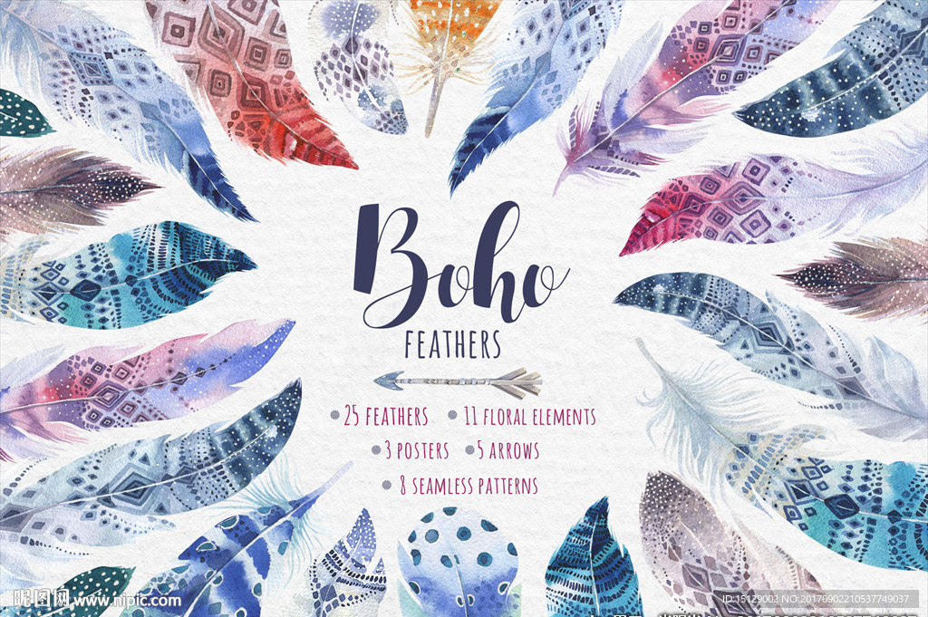 羽毛手绘水彩画