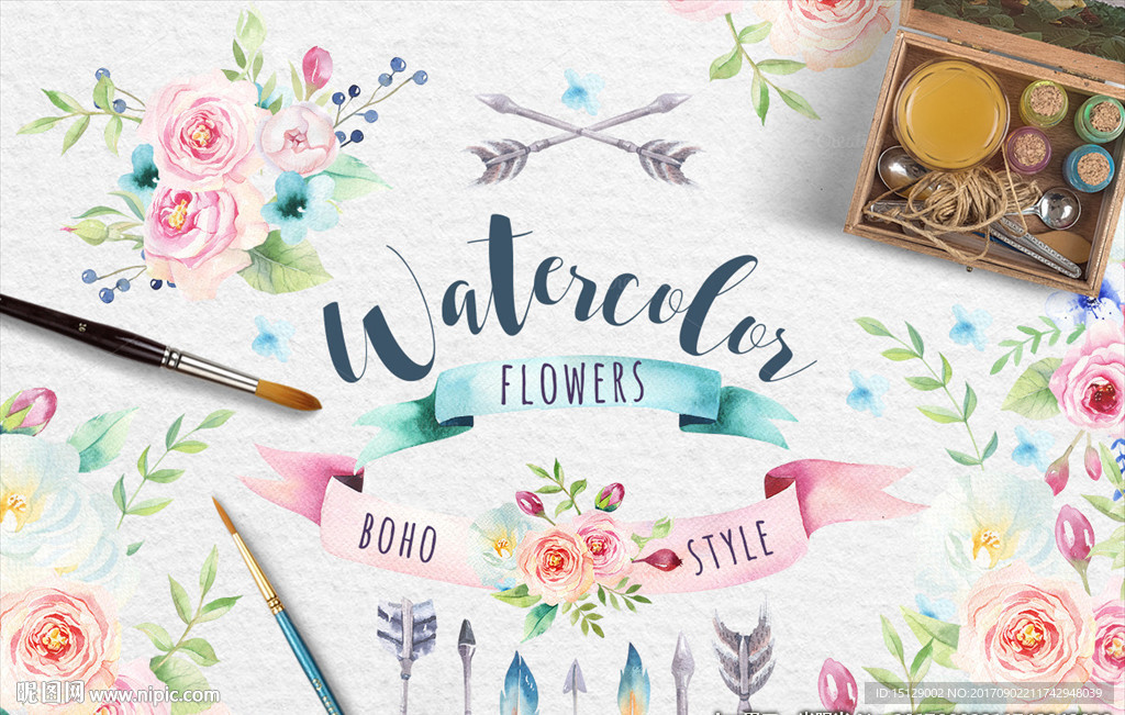 手绘水彩牡丹印花图案