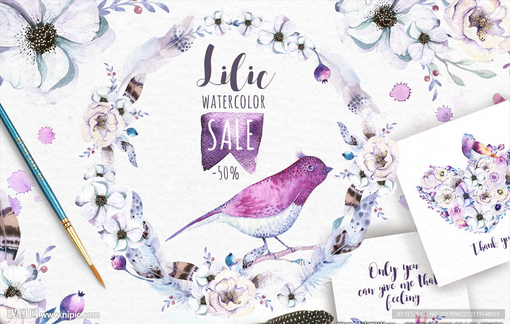 手绘可爱小鸟花朵鲜花水彩画