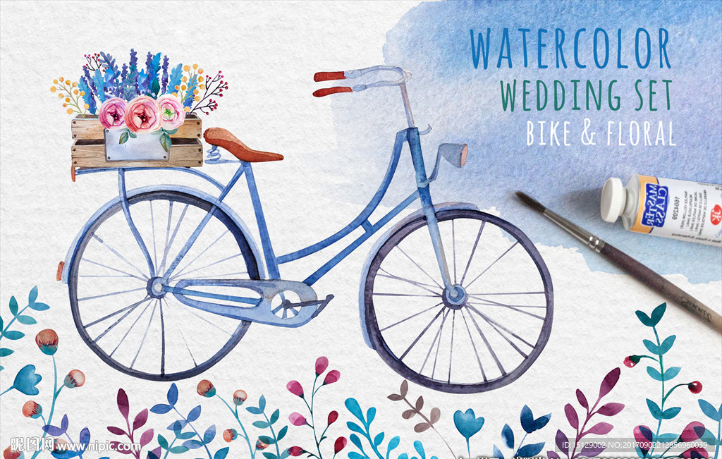浪漫自行车鲜花水彩画