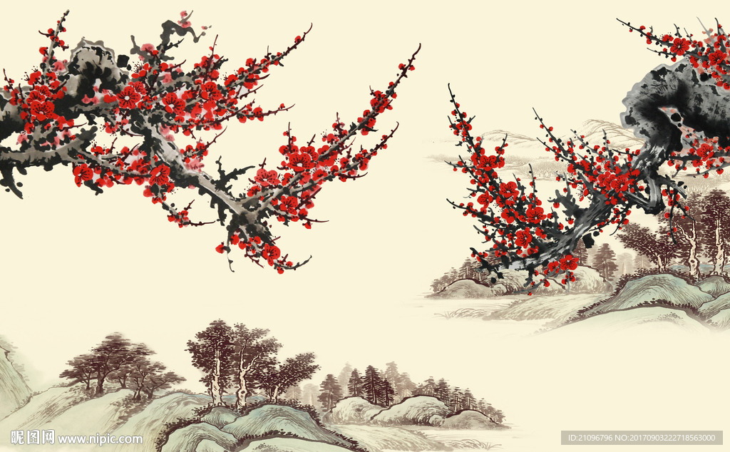 国画梅花电视背景墙