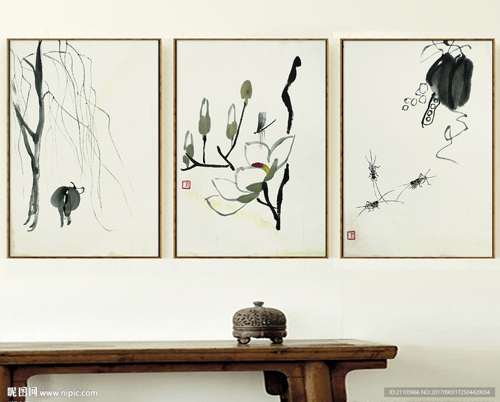 齐白石大师水墨国画三联装饰画