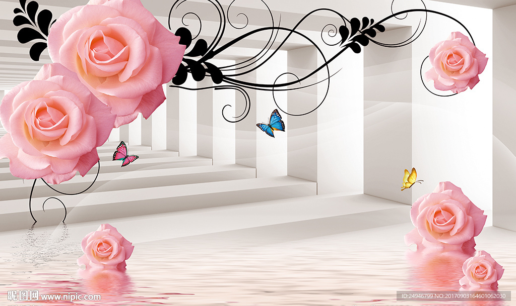 时尚3D玫瑰花花纹影视背景墙