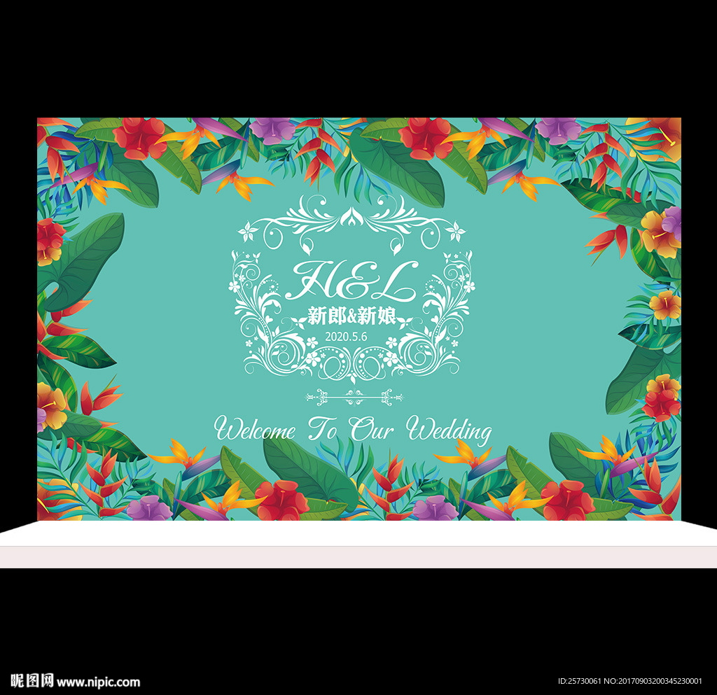 蒂芙尼水彩花卉婚礼甜品台设计