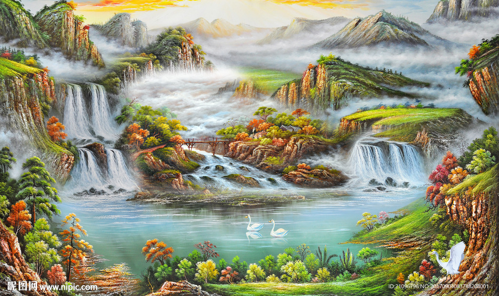 油画山水电视背景墙