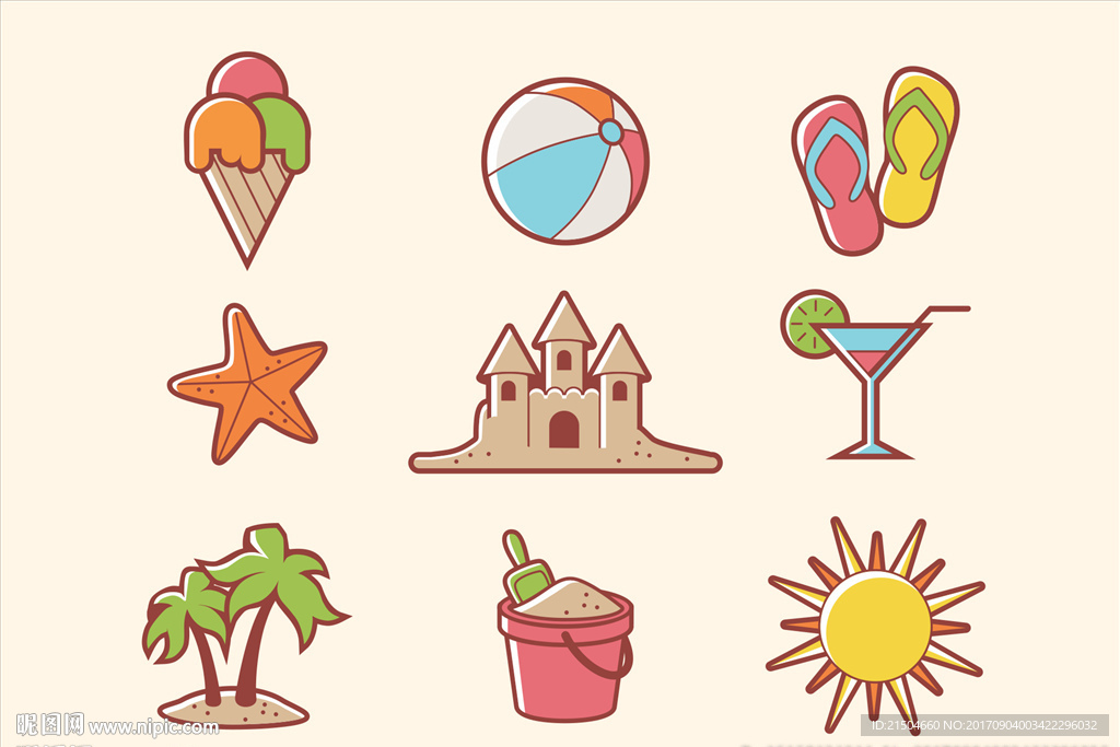 精致矢量海边沙滩度假图标