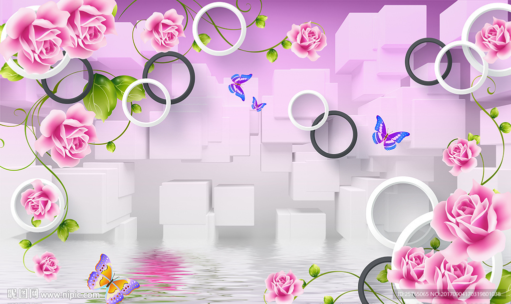 3D空间紫色玫瑰圈圈电视背景墙