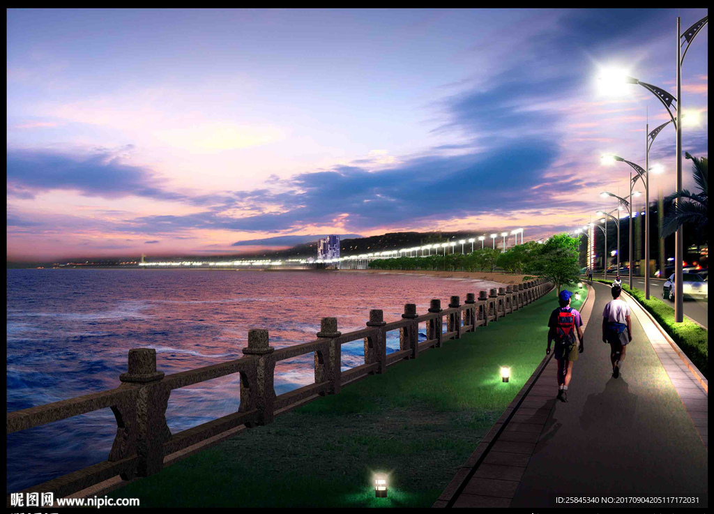 黄昏夜景海边自行车道图