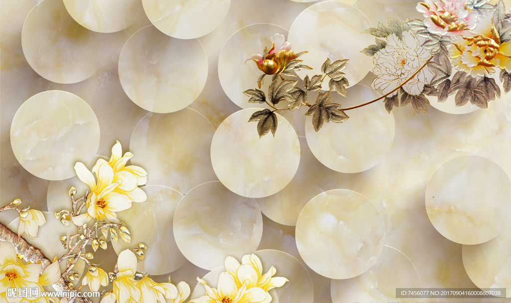 牡丹花兰花彩雕立体圆大理石背景