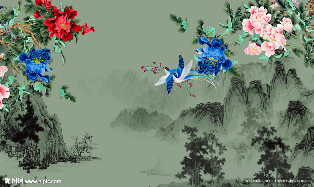 牡丹花水墨山脉中式背景墙