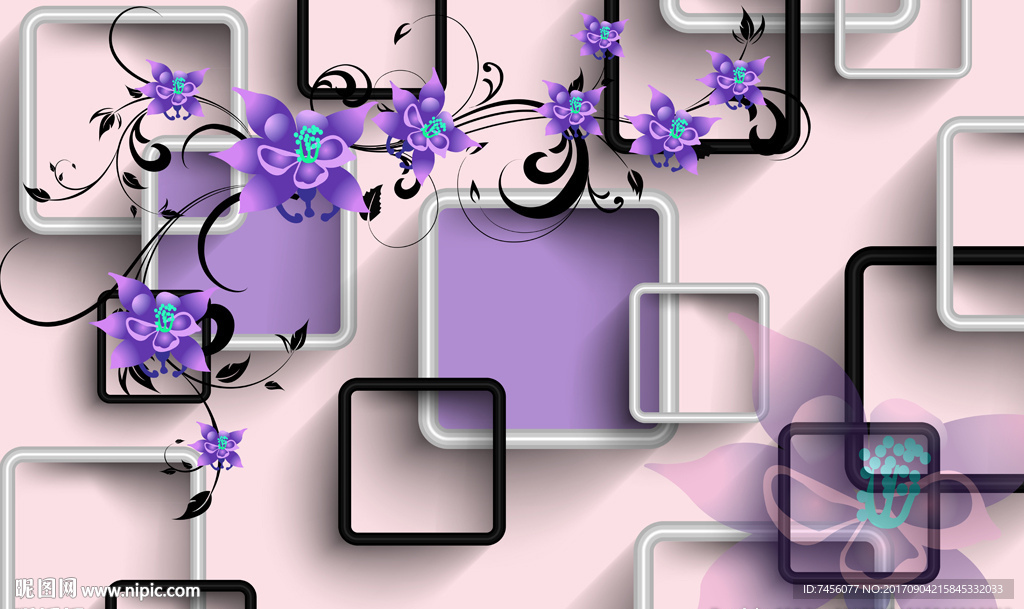 紫色花卉立体框框背景墙