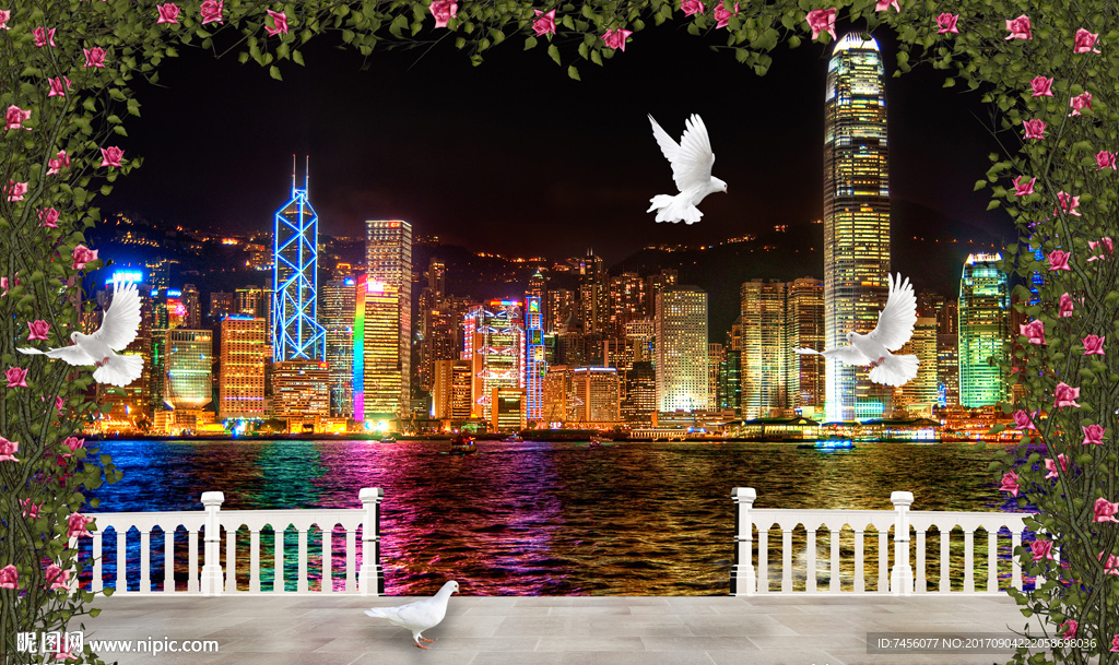 水上城市夜景立体背景墙