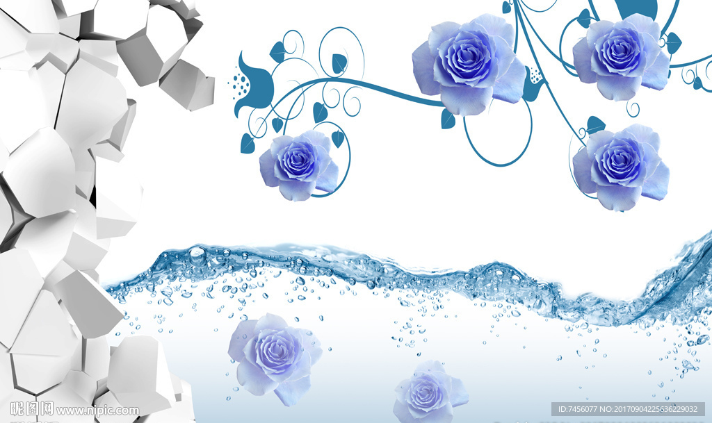 紫色玫瑰花水中花立体背景墙