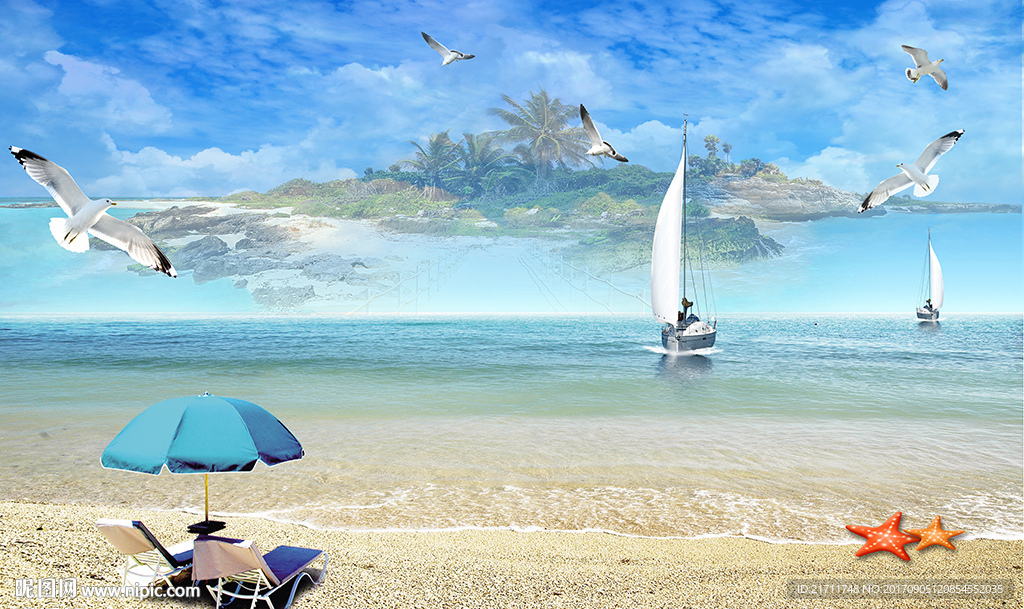 美丽大海沙滩海市辰楼电视背景墙