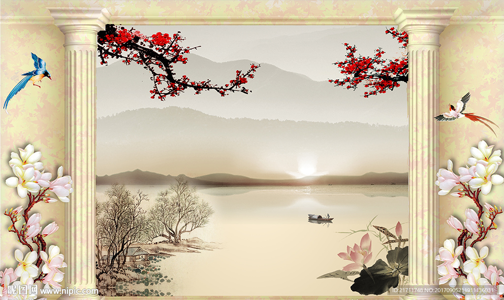 中式喜梅欧式罗马柱电视背景墙