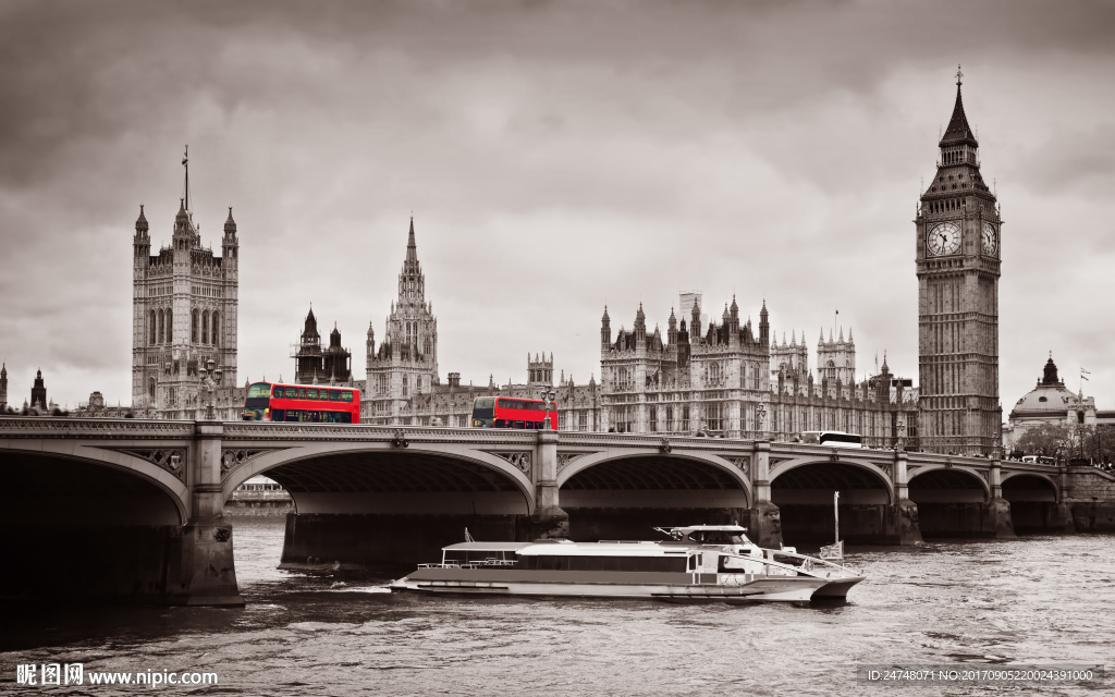 欧式怀旧英国伦敦桥黑白城市建筑