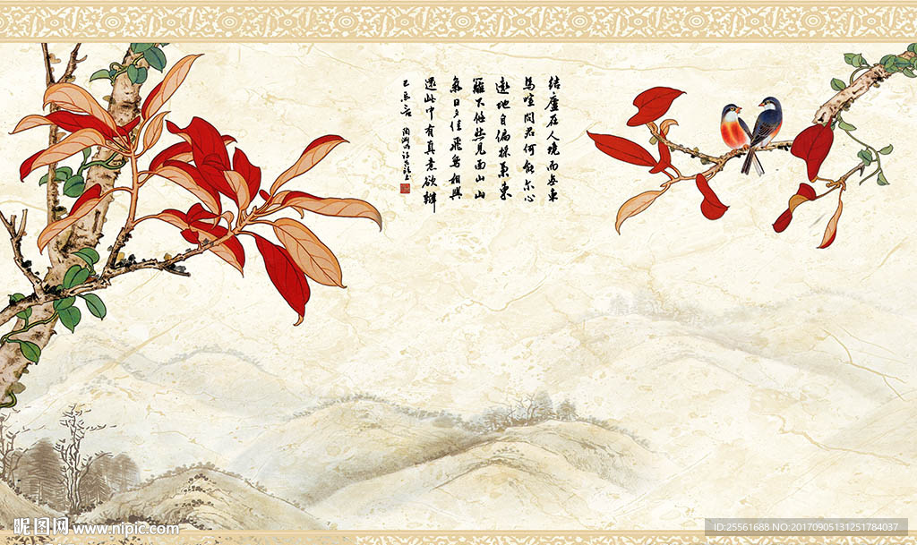 大理石山脉树鸟电视背景墙