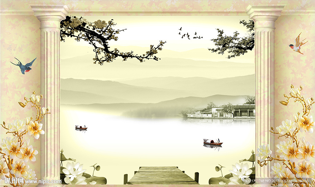 中式江南水乡罗马柱电视背景墙