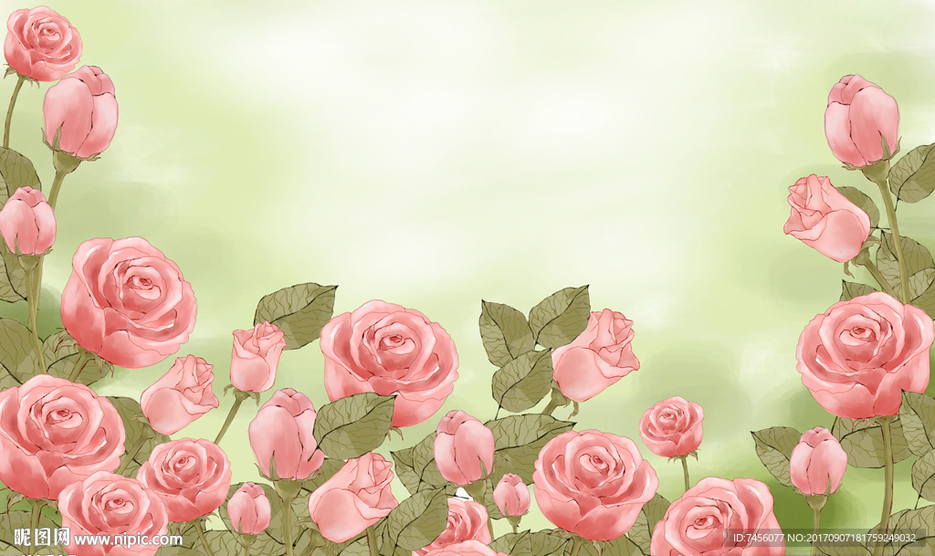 高清水彩玫瑰花花束背景墙
