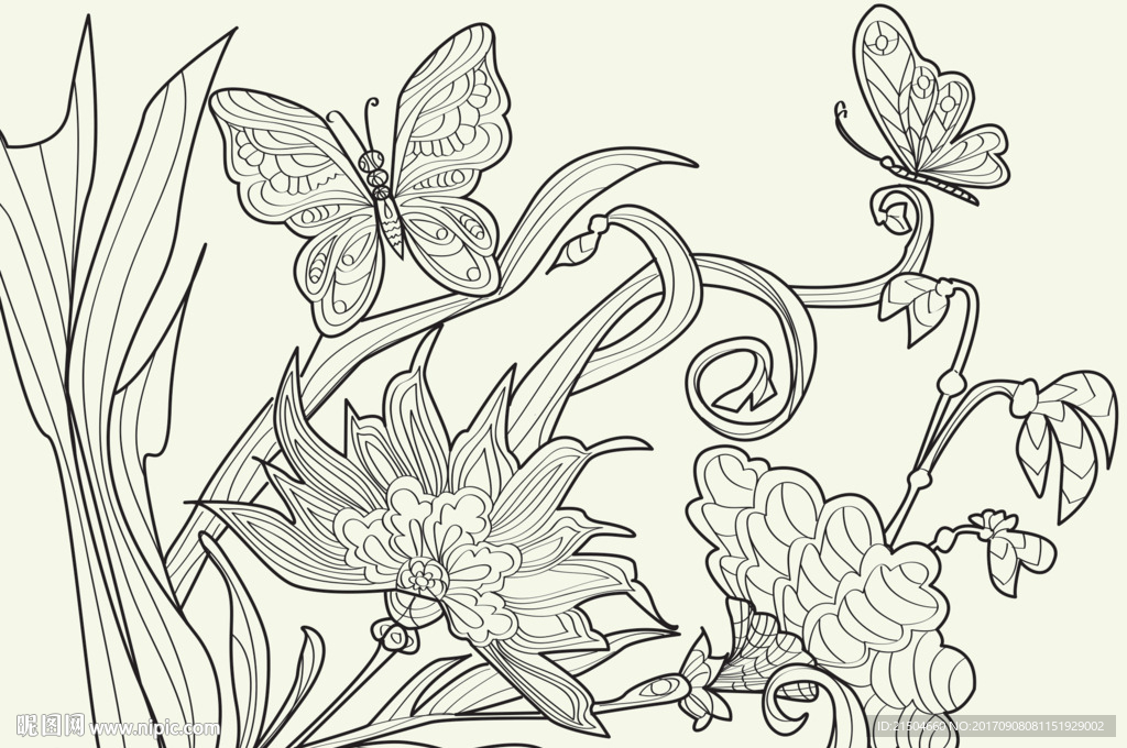 精致矢量自然植物蝴蝶插画图片