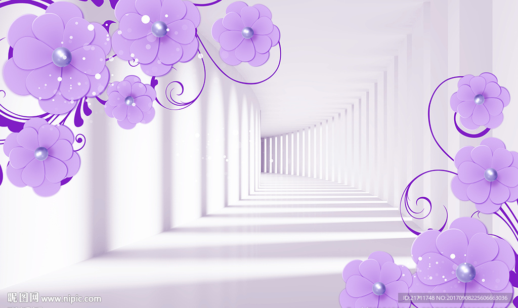 3D空间梦幻紫色花卉电视背景墙