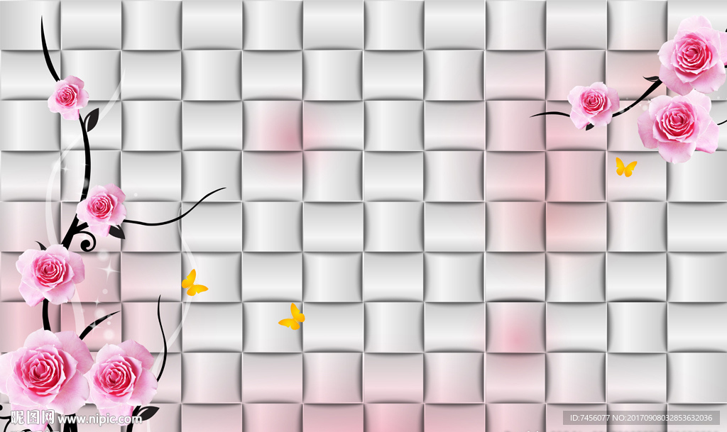 蝶恋玫瑰花软包背景墙