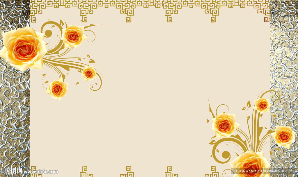 金色玫瑰花高档中式背景墙