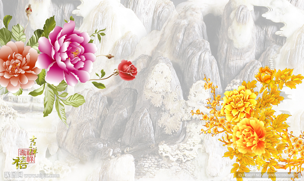 牡丹花玉石背景墙