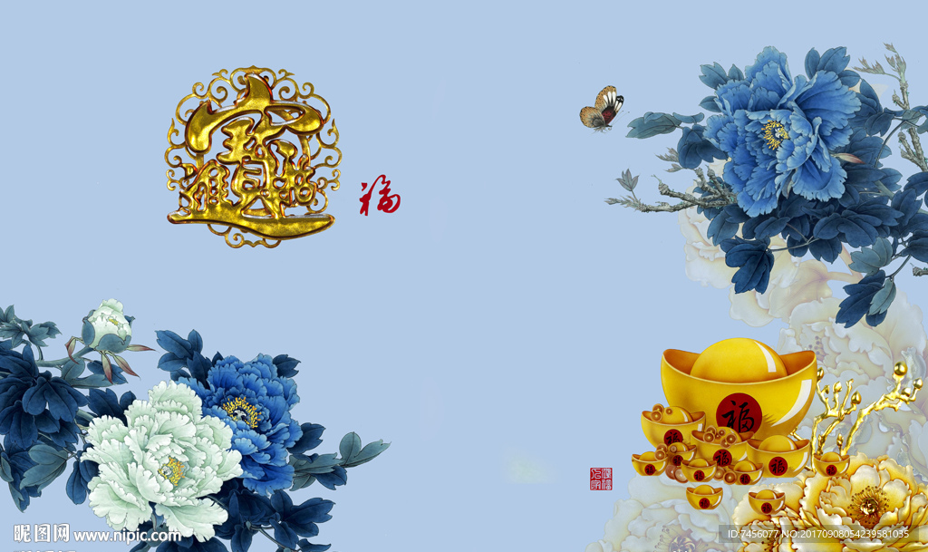 招财进宝牡丹花背景墙