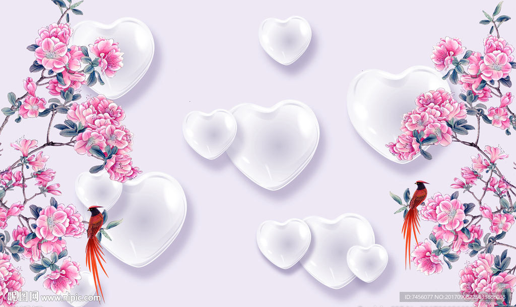 花鸟爱心立体背景墙