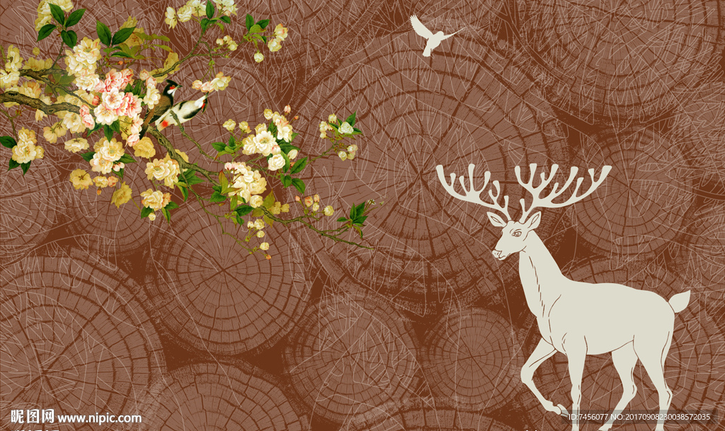 麋鹿花鸟木纹背景墙