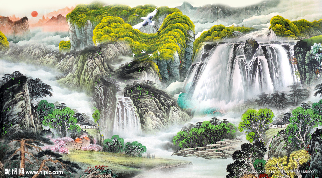 山水国画电视背景墙