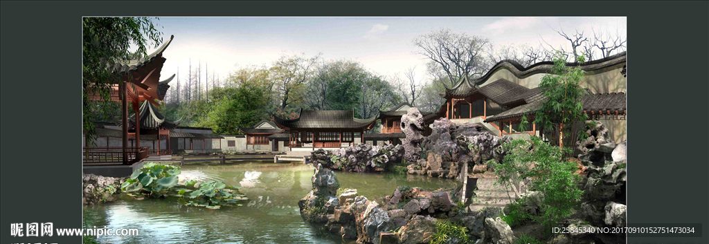 假山水池景观石凉亭景观图