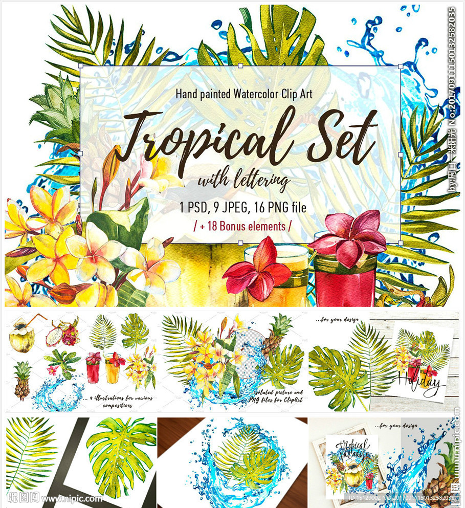 手绘热带花朵树叶水彩画