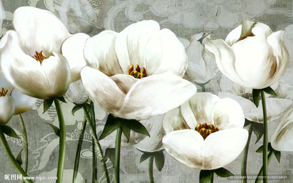简约现代手绘白色花卉背景壁画