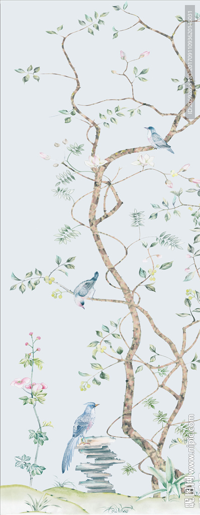 纯手绘新中式花鸟背景装饰图案