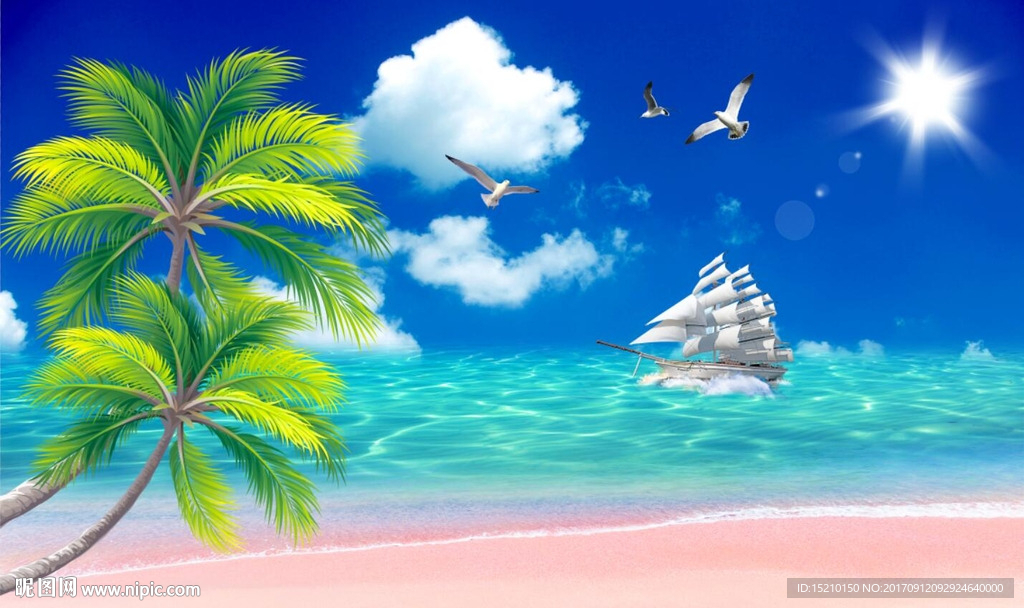 蓝天白云椰子树